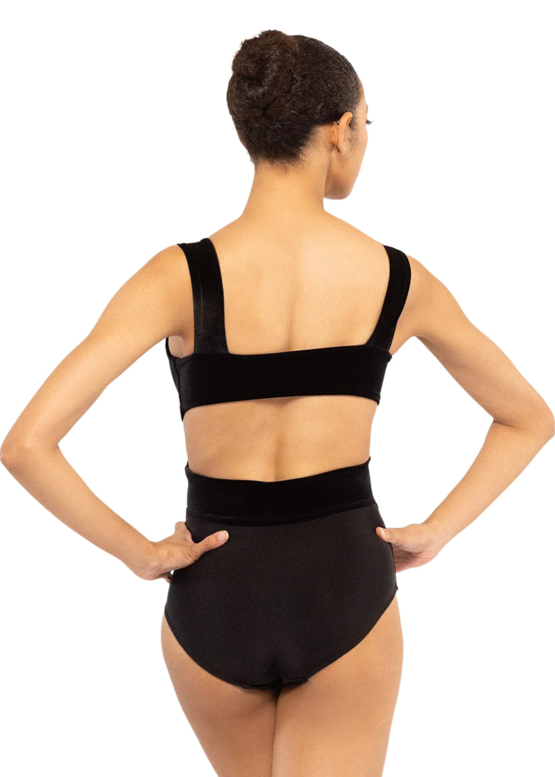 Eleve Dancewear Baroque Collection Women's Jackie Velvet Twist Front Tank Leotard in Black with low back cut-out, shown on a ballet dancer