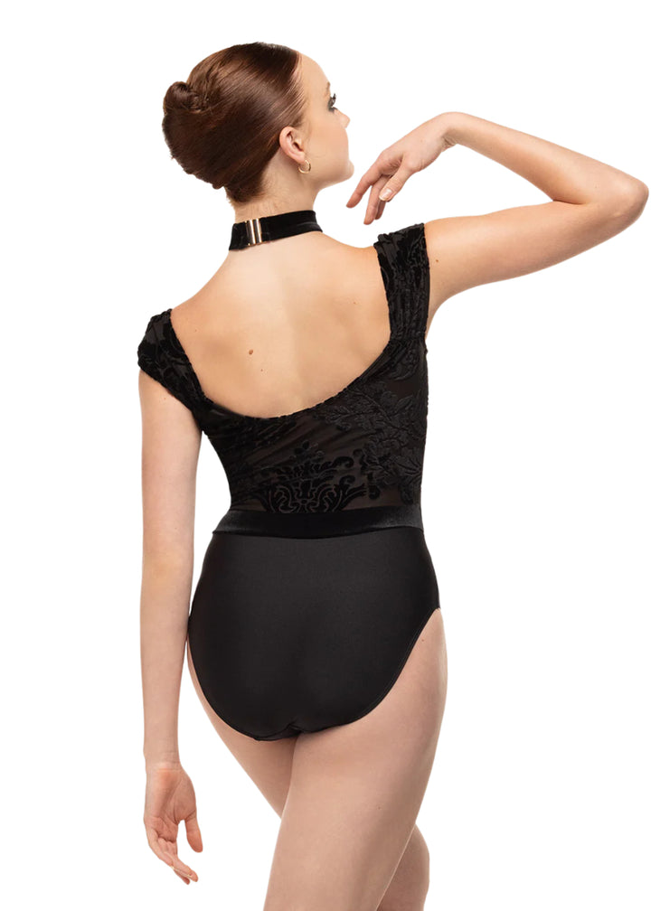 Eleve Dancewear Baroque Collection Women's Angelina Cap Sleeve Leotard in Black Velvet with round neckline and velvet drop waist, shown on a ballet dancer