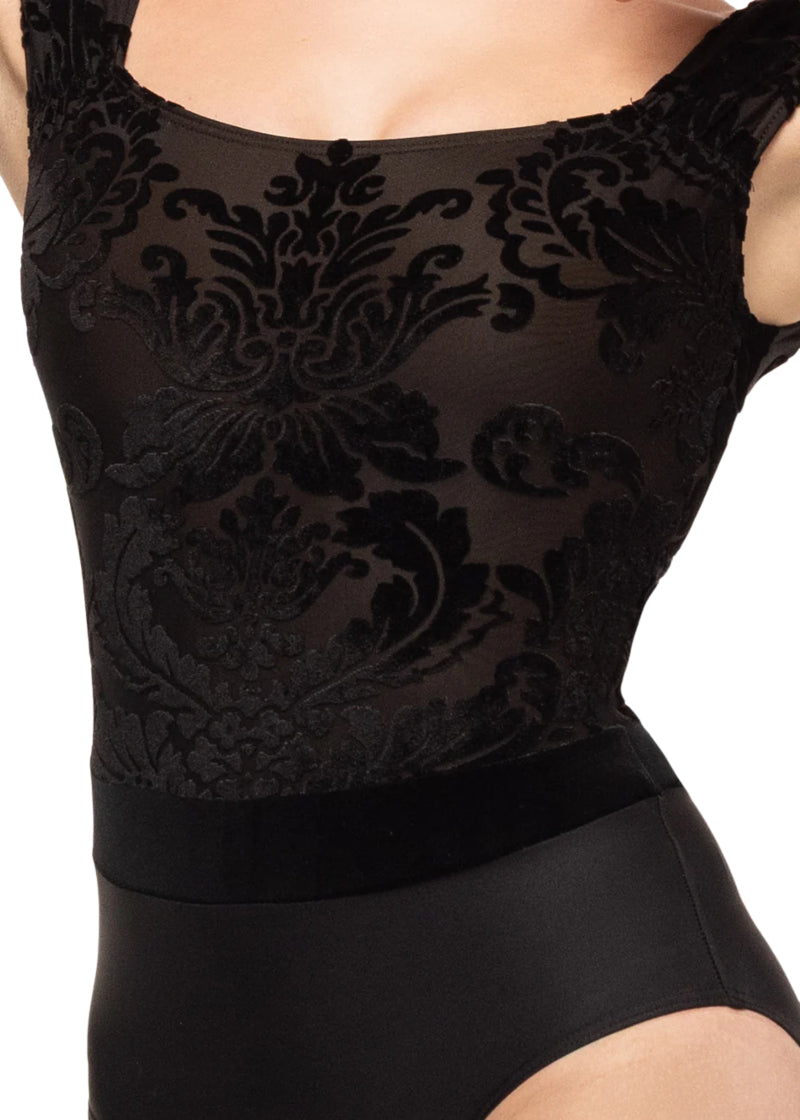 Eleve Dancewear Baroque Collection Women's Angelina Cap Sleeve Leotard in Black Velvet with Baroque pattern on bodice, round neckline, and velvet drop waist, shown on a ballet dancer