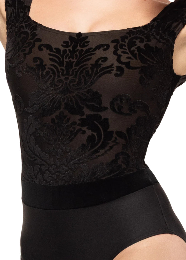 Eleve Dancewear Baroque Collection Women's Angelina Cap Sleeve Leotard in Black Velvet with Baroque pattern on bodice, round neckline, and velvet drop waist, shown on a ballet dancer