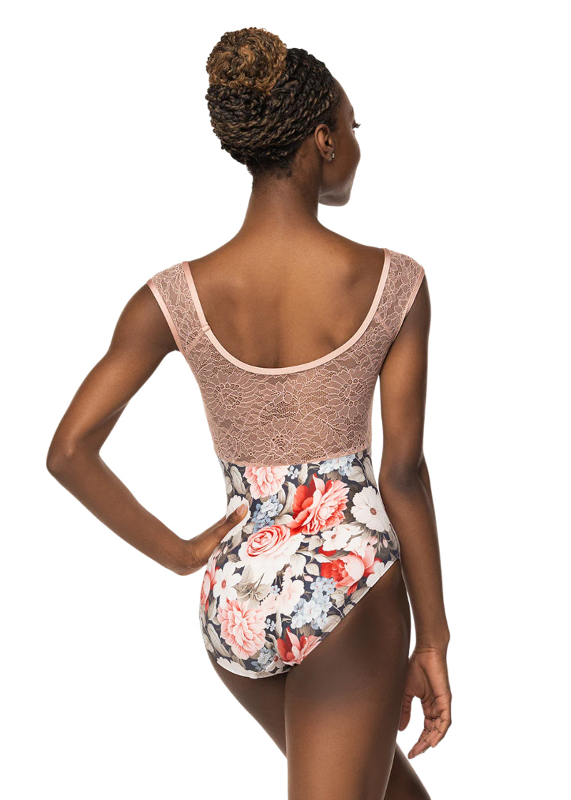 Eleve Dancwear My Love Women's Celine Floral Print Pinch Front Neckline Lace Cap Sleeves & Back Leotard in Light Rosewater Pink, shown on a ballet dancer