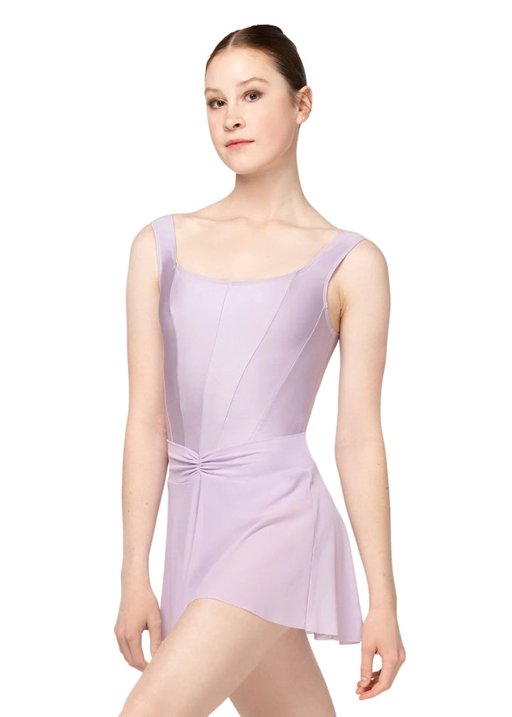 Eleve Dancewear Women's Diana Corseted Bodice Tank Leotard in Iced Lilac Mauve with drop V-waistline, shown on a ballet dancer wearing the matching Amora Mesh Pull-On Skrit