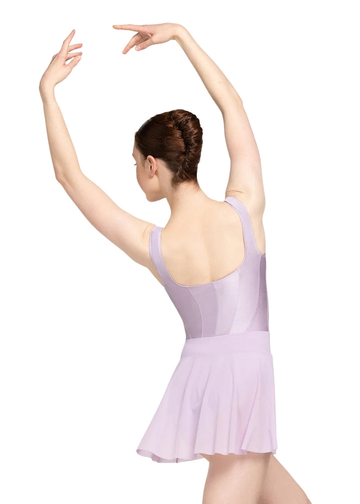 Eleve Dancewear Women's Diana Corseted Bodice Tank Leotard in Iced Lilac Mauve with drop V-waistline, shown on a ballet dancer wearing the matching Amora Mesh Pull-On Skrit