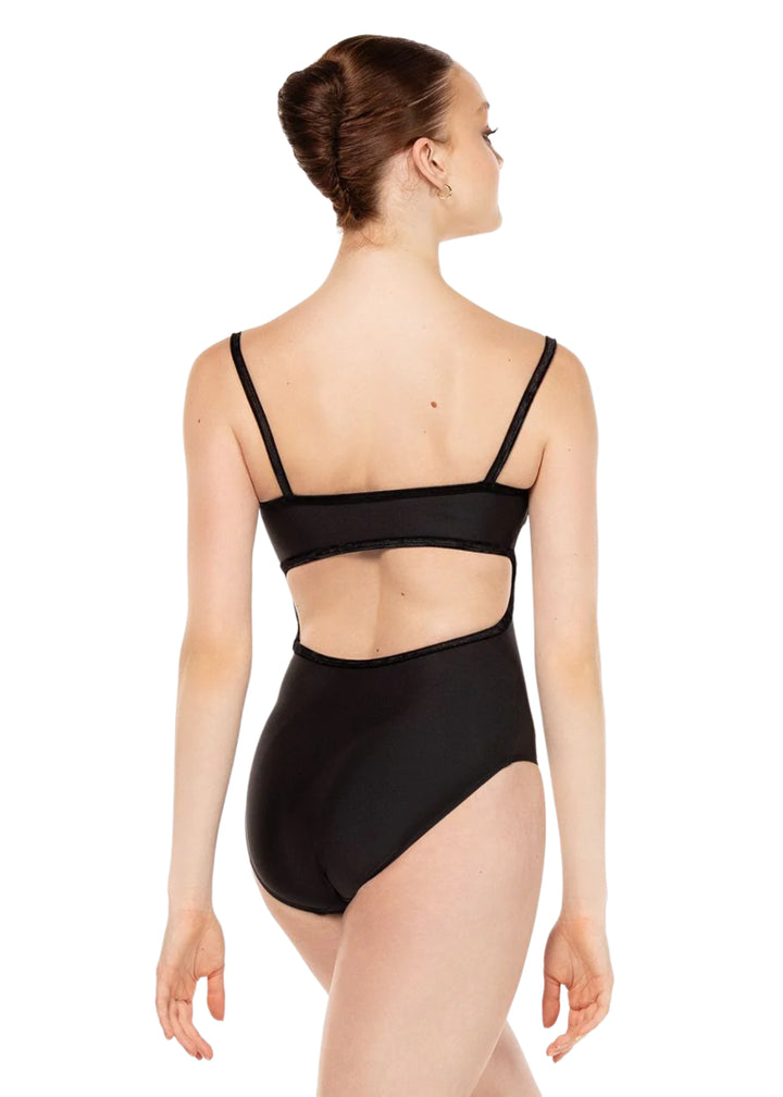Eleve Dancewear Baroque Collection Women's Helena Velvet Trim Back Cut-Out Camisole Leotard in Black, shown on a ballet dancer