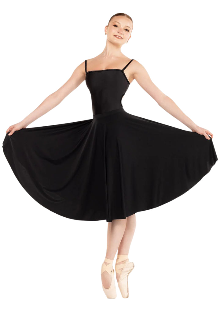Eleve Dancewear Baroque Collection Women's Helena Velvet Trim Back Cut-Out Camisole Leotard in Black, shown on a ballet dancer