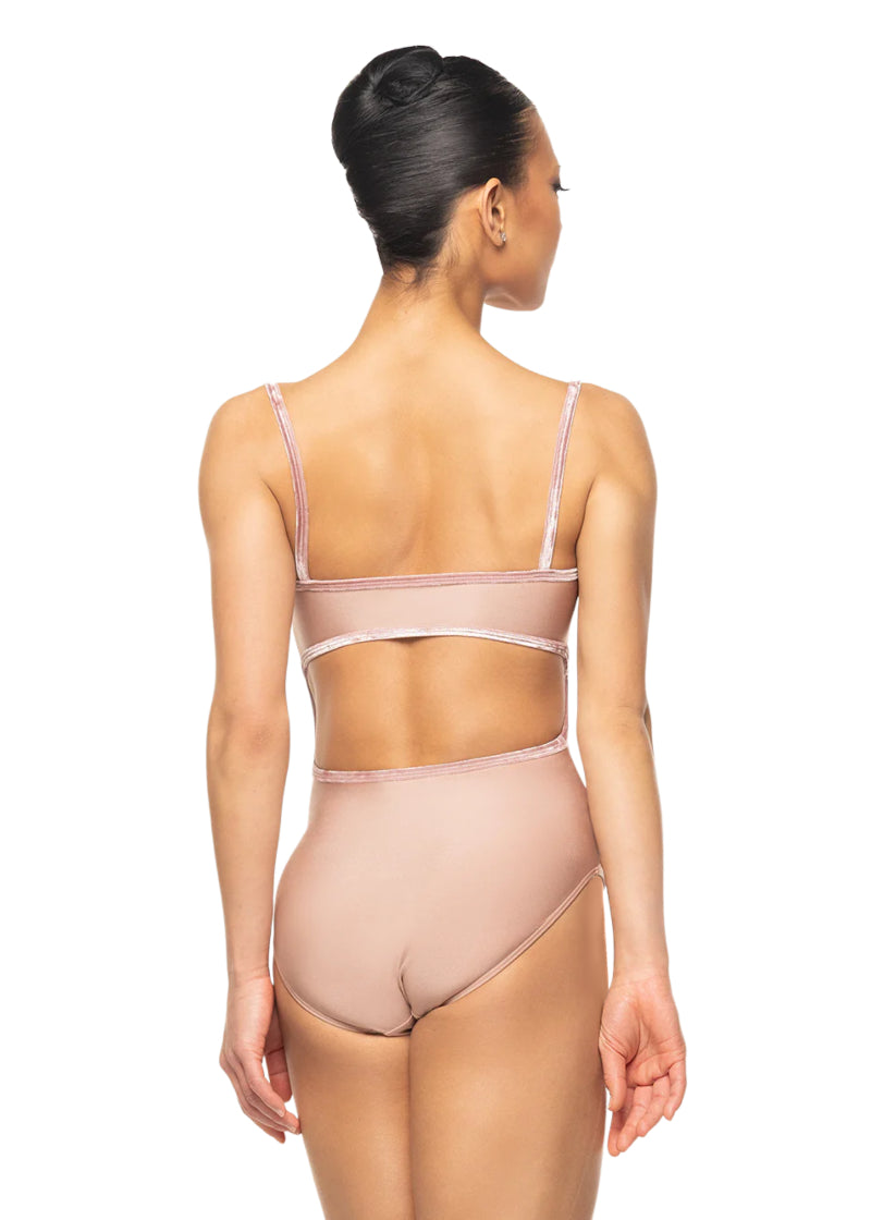 Eleve Dancewear My Love Women's Helena Velvet Trim Camisole Leotard in Dusty Rose Pink with low back cut-out, shown on a ballet dancer