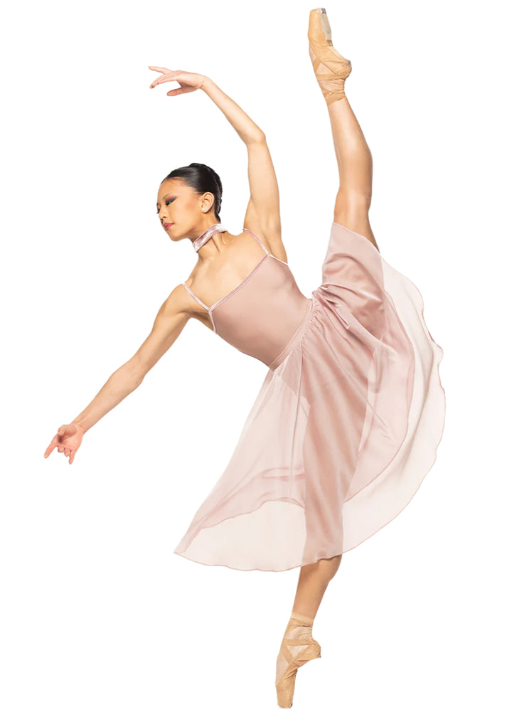 Eleve Dancewear My Love Women's Helena Velvet Trim Camisole Leotard in Dusty Rose Pink with low back cut-out, shown on a ballet dancer
