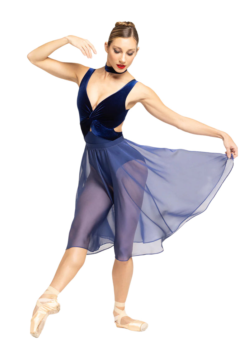 Eleve Dancewear Baroque Collection Women's Jackie Velvet Twist Front Low Back Cut-Out Tank Leotard in Sapphire Blue, shown on a ballet dancer