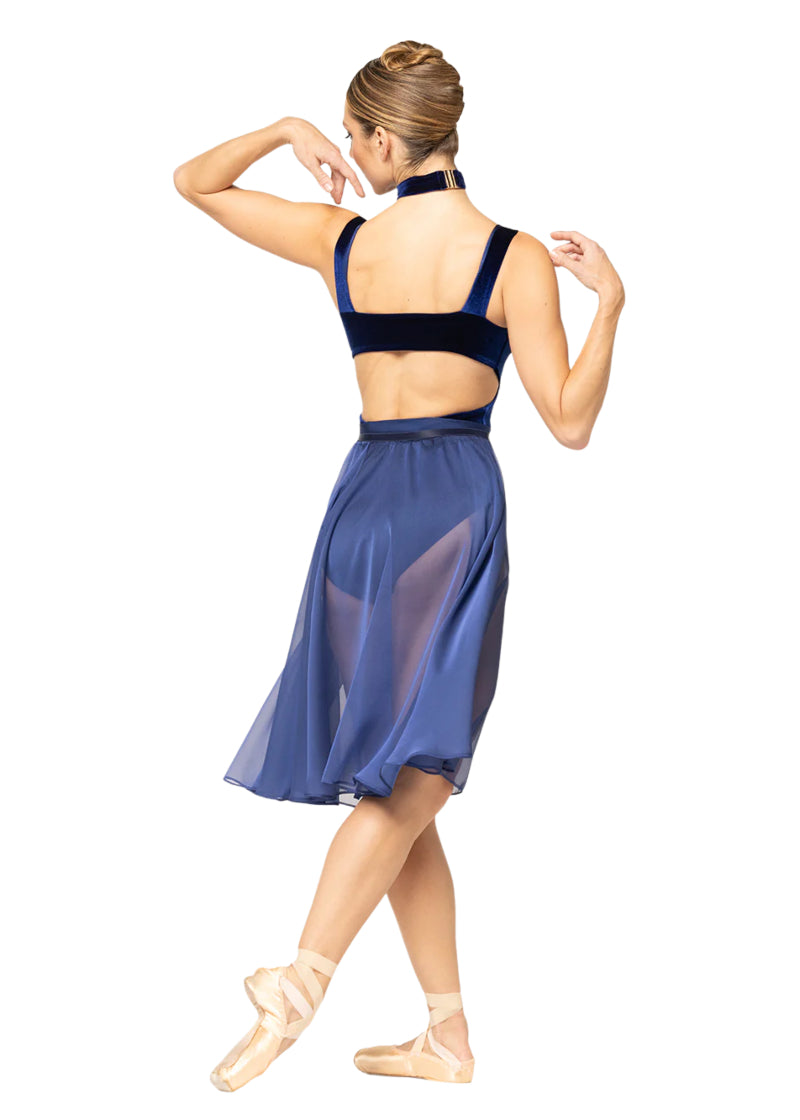 Eleve Dancewear Baroque Collection Women's Jackie Velvet Twist Front Low Back Cut-Out Tank Leotard in Sapphire Blue, shown on a ballet dancer