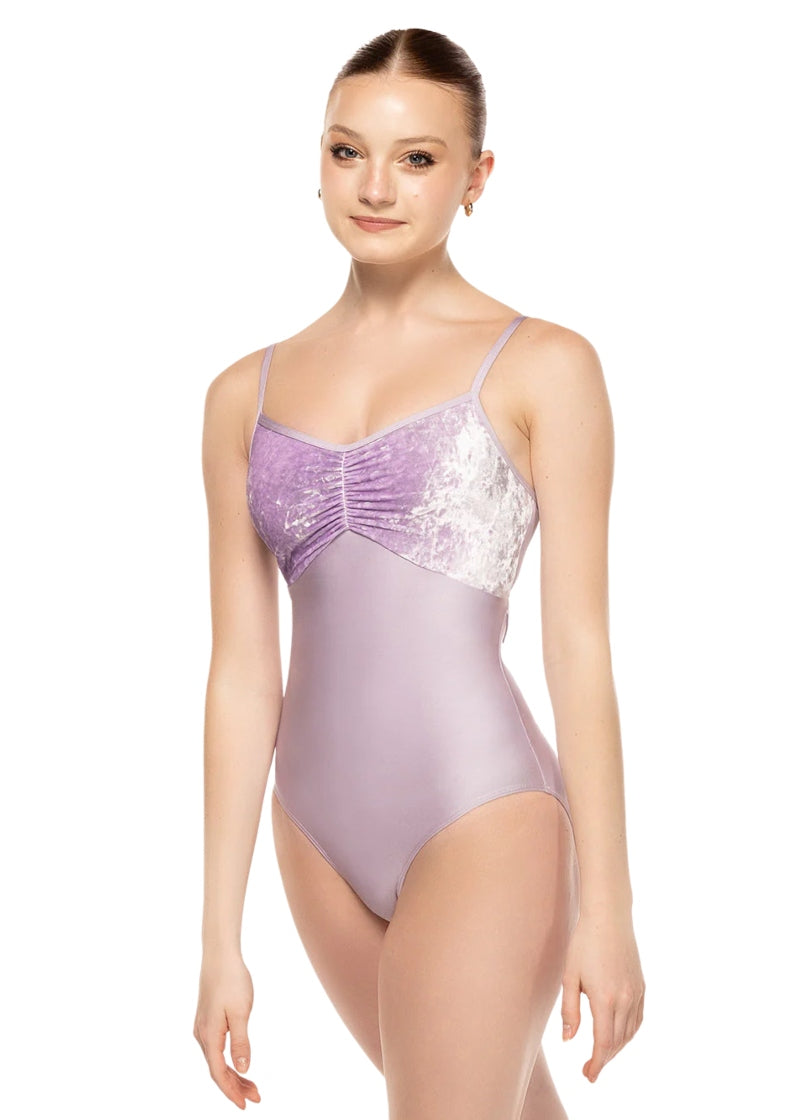 Eleve Dancewear Women's Mackenzie Velvet Bust Pinch Front Camisole Leotard in Iced Lilac Mauve Purple, shown on a ballet dancer