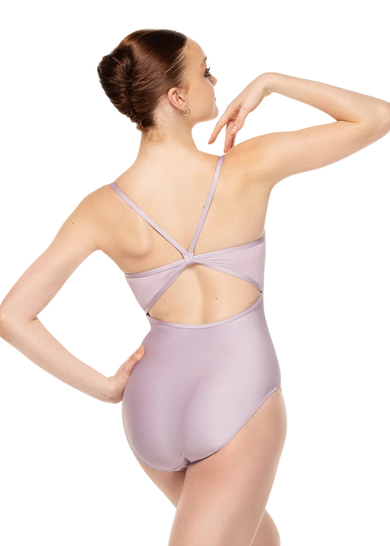 Eleve Dancewear Women's Mackenzie Velvet Bust Pinch Front Camisole Leotard in Iced Lilac Mauve Purple with low-cut back keyhole cutout, shown on a ballet dancer