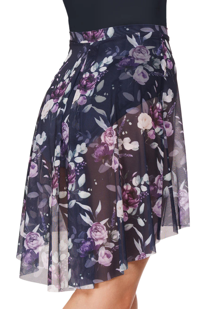Eleve Dancewear Moonlit Garden Women's Back Tuck Floral Print Stretch Mesh High-Low Pull-On Ballet Skirt, shown on a ballet dancer in matching dark blue leotard