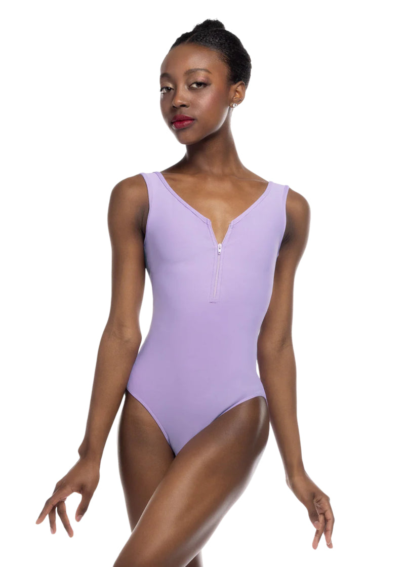 Eleve Dancewear Moonlit Garden Women's Chelsea Zip Front Tank Leotard in Whisper Lavender Purple, shown on a ballet dancer
