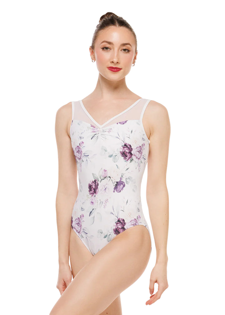 Eleve Dancewear Moonlit Garden Women's Fabiola Pinch Front Mesh Tank Leotard in white with all-over purple floral print, shown on a ballet dancer