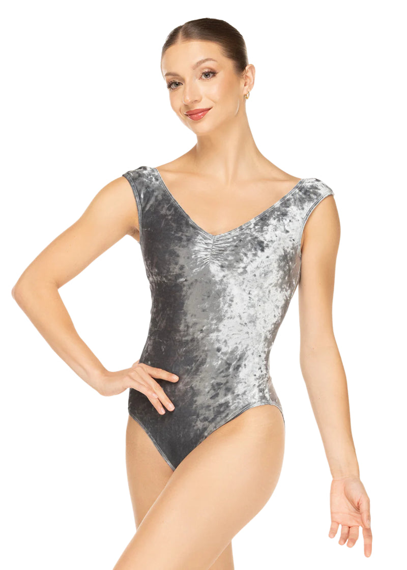 Eleve Dancewear Moonlit Garden Women's Sophia Velvet Pinch Front Cap Sleeve Leotard in Frozen Lagoon Soft Gray, shown on a ballet dancer