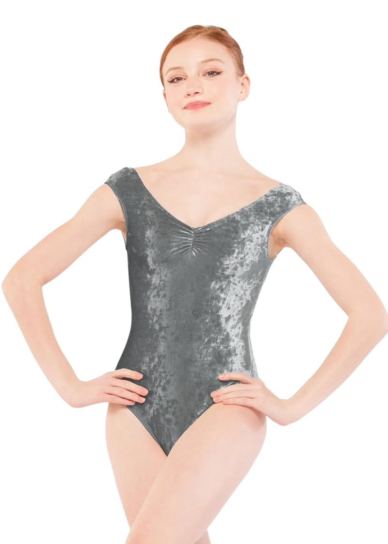 Eleve Dancewear Moonlit Garden Women's Sophia Velvet Pinch Front Cap Sleeve Leotard in Frozen Lagoon Soft Gray, shown on a ballet dancer