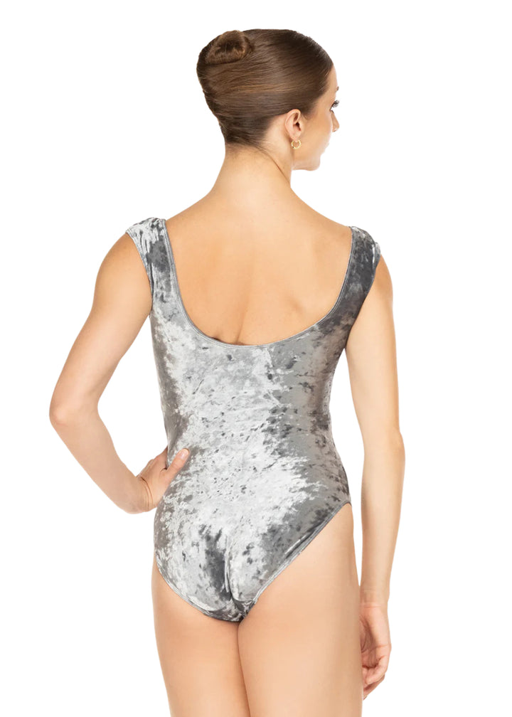 Eleve Dancewear Moonlit Garden Women's Sophia Velvet Mid-Cut Scoop Back Cap Sleeve Leotard in Frozen Lagoon Soft Gray, shown on a ballet dancer