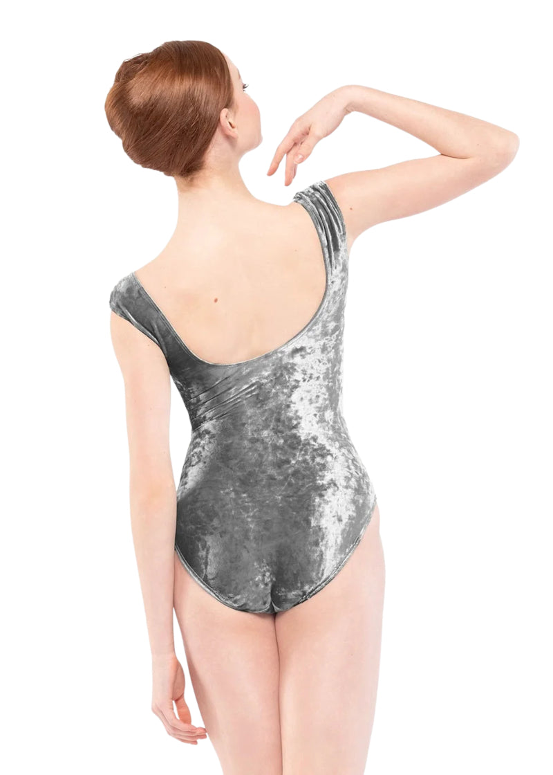 Eleve Dancewear Moonlit Garden Women's Sophia Velvet Mid-Cut Scoop Back Cap Sleeve Leotard in Frozen Lagoon Soft Gray, shown on a ballet dancer
