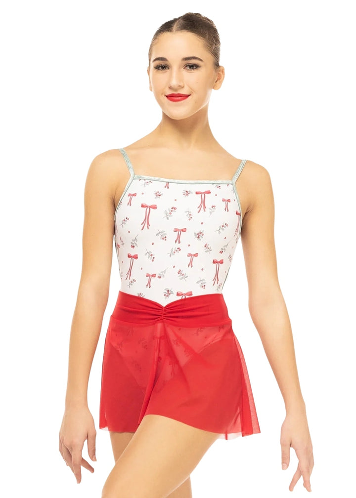 Eleve Amora mesh pull-on skirt in red with high-low hem and ruched waistband