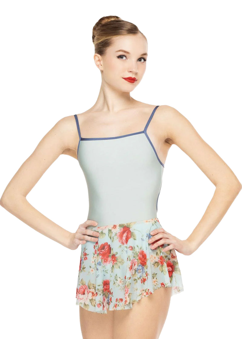 Eleve women's circle mesh pull-on skirt in red and light blue floral print.