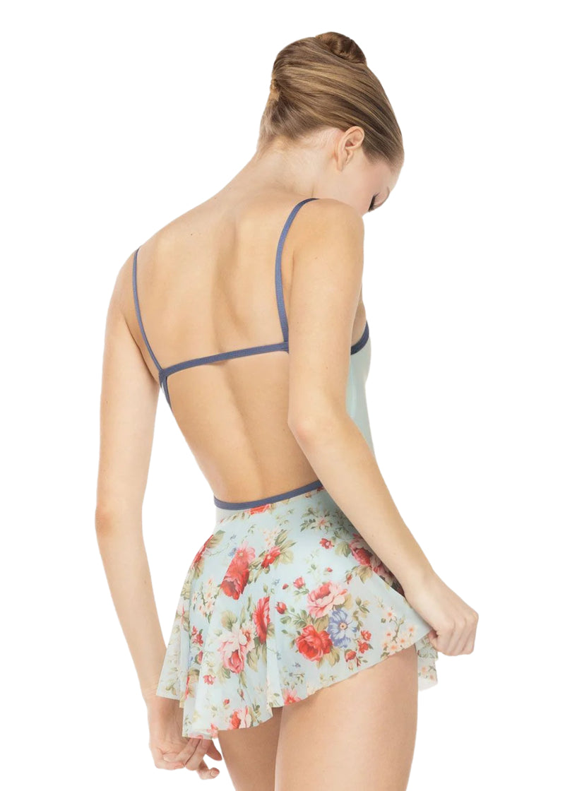 Eleve women's circle mesh pull-on skirt in red and light blue floral print.