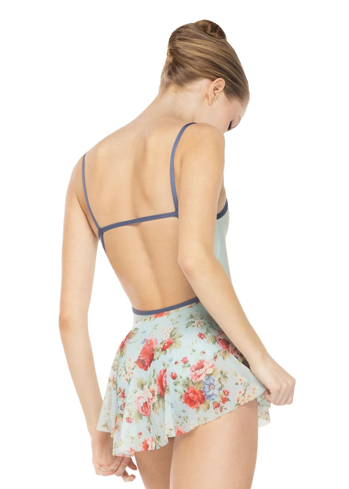 Eleve women's circle mesh pull-on skirt in red and light blue floral print.