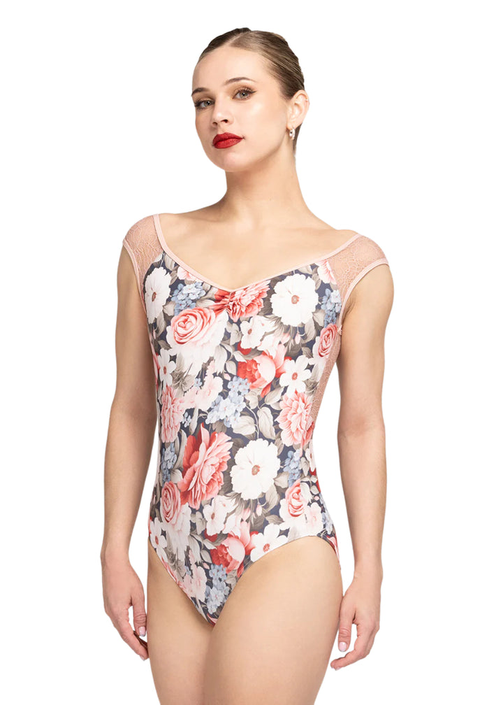 Eleve Dancwear My Love Women's Celine Floral Print Pinch Front Neckline Lace Cap Sleeves & Back Leotard in Light Rosewater Pink, shown on a ballet dancer