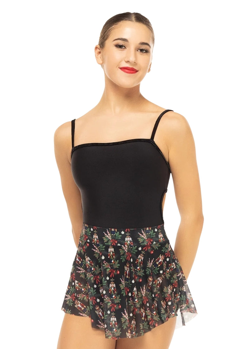 Eleve Hipster mesh pull-on skirt in black with nutcracker themed pattern
