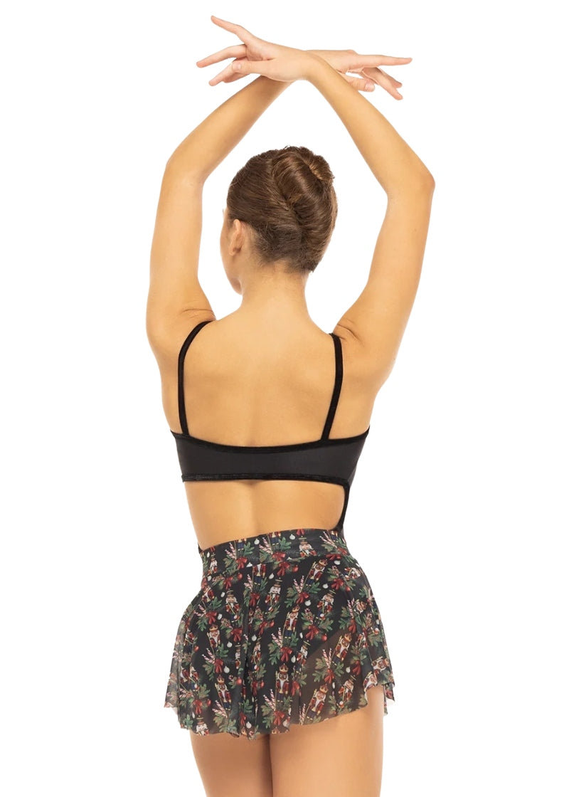 Eleve Hipster mesh pull-on skirt in black with nutcracker themed pattern