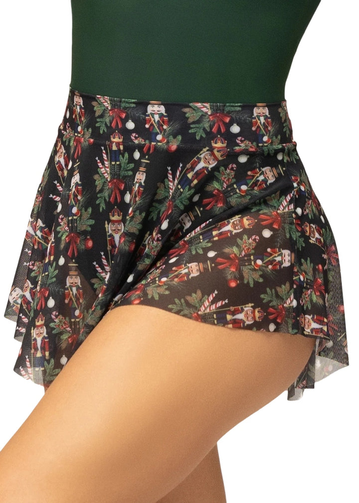 Eleve Hipster mesh pull-on skirt in black with nutcracker themed pattern