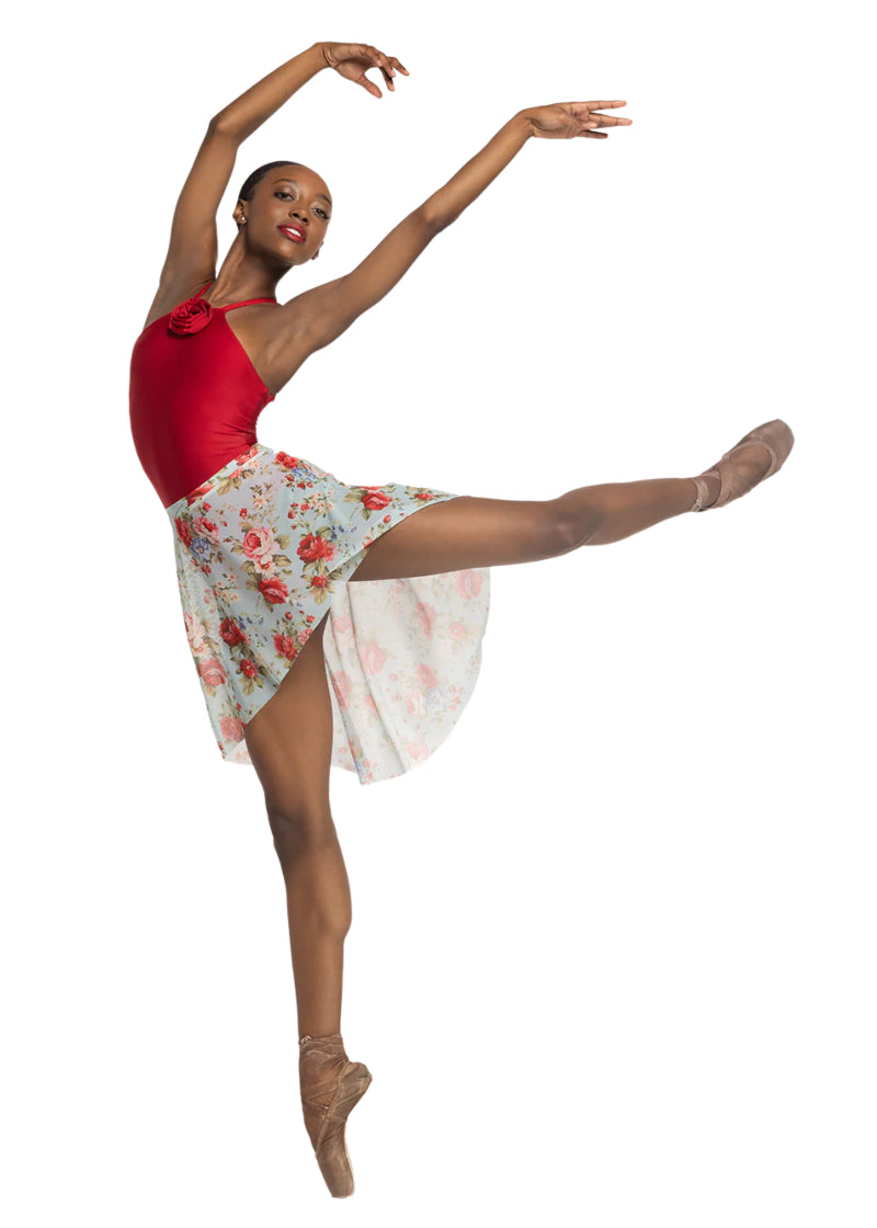 Eleve women's long mesh pull-on high-low skirt in red and light blue floral print.