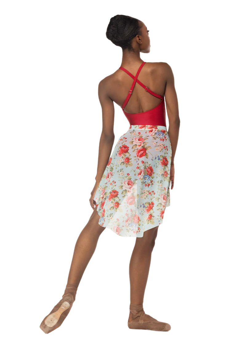 Eleve women's long mesh pull-on high-low skirt in red and light blue floral print.
