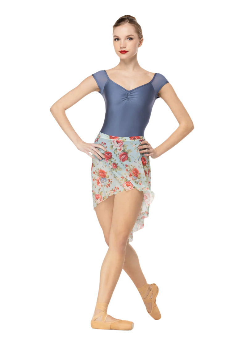 Eleve women's long mesh pull-on high-low skirt in red and light blue floral print.