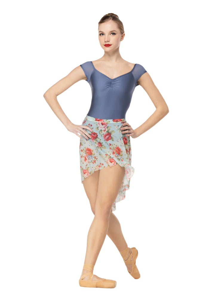 Eleve women's long mesh pull-on high-low skirt in red and light blue floral print.