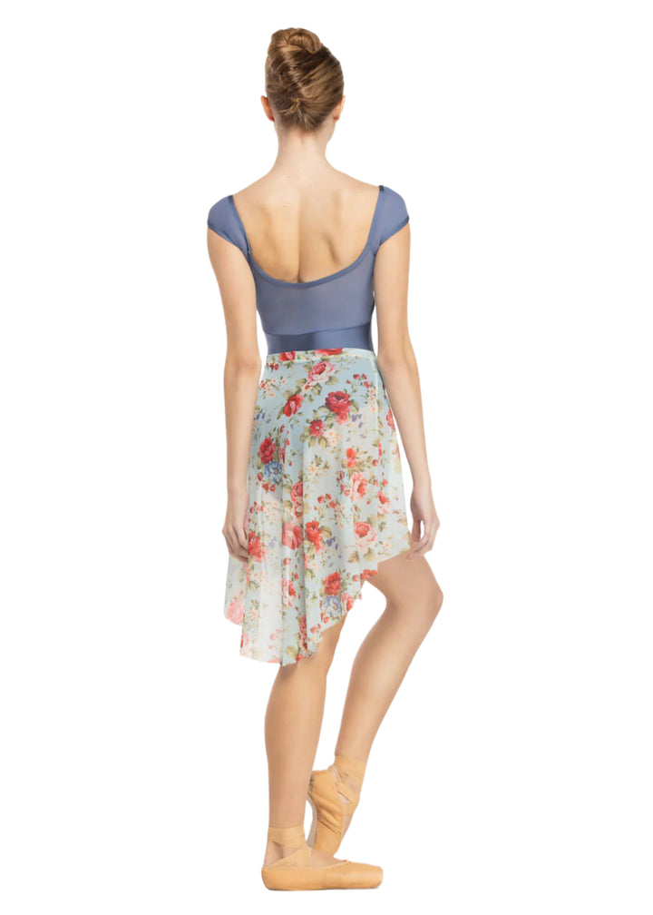 Eleve women's long mesh pull-on high-low skirt in red and light blue floral print.