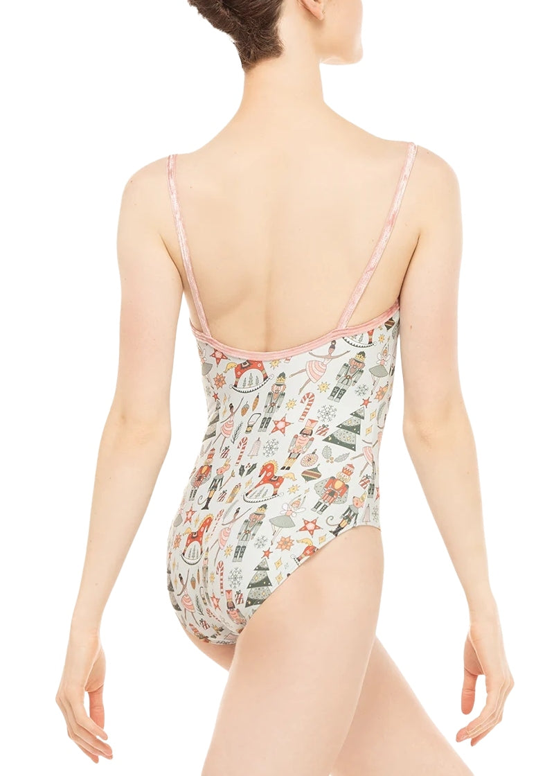 Eleve Nolte camisole leotard in sage green with holiday themed pattern and light pink velvet straps and trim