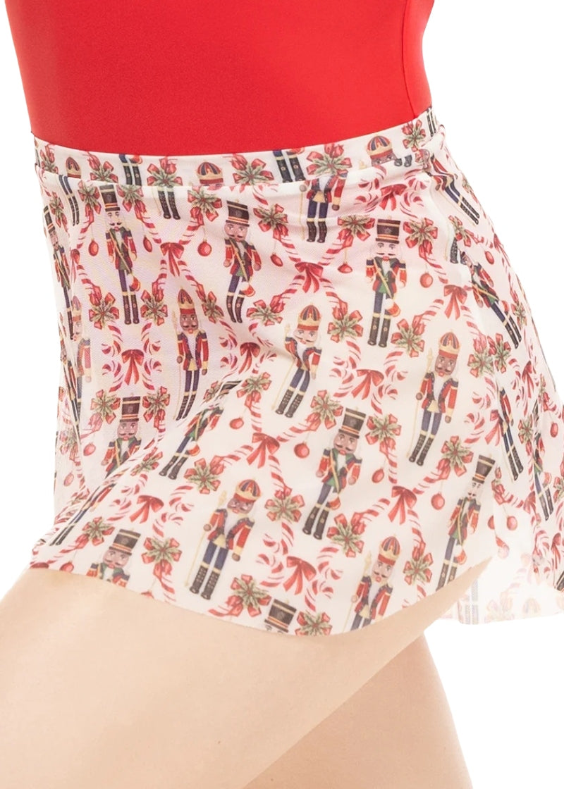 Eleve white mesh Tulip pull-on skirt with red and black nutcracker pattern with candy canes