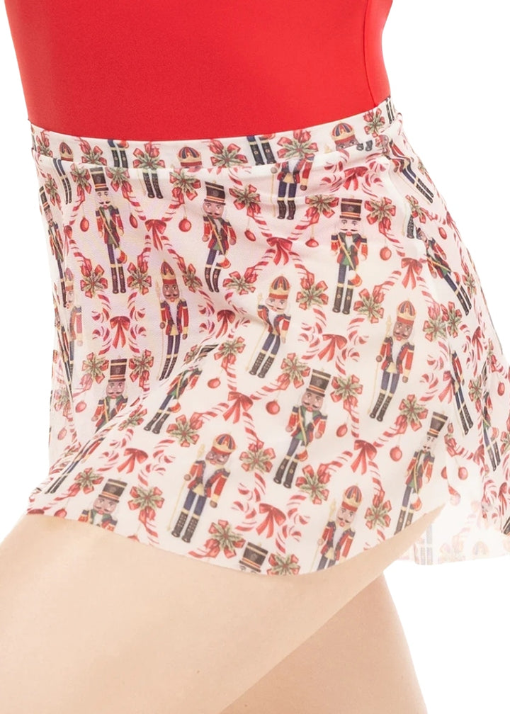 Eleve white mesh Tulip pull-on skirt with red and black nutcracker pattern with candy canes