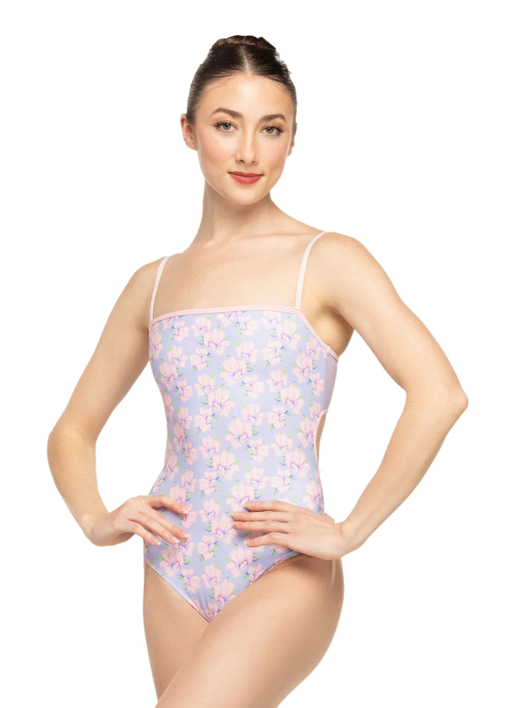Eleve Dancewear Women's Helena Camisole Leotard in a multicolor floral print, modelled on a ballet dancer