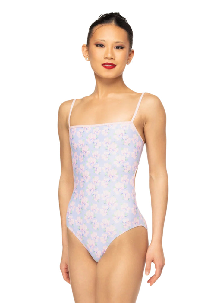 Eleve Dancewear Women's Helena Camisole Leotard in a multicolor floral print, modelled on a ballet dancer