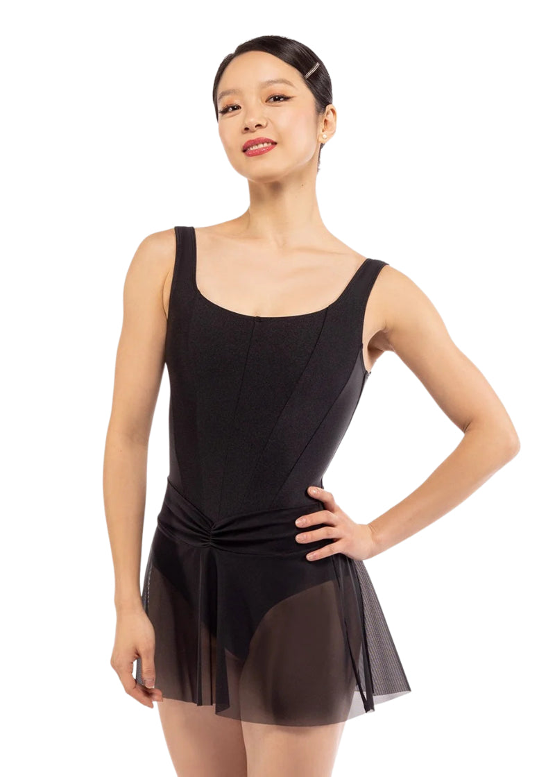 Eleve Dancewear Women's Amora Short Ruched Waist Mesh Pull-On Ballet Skirt in Black, modelled by a ballet dancer wearing a matching black leotard