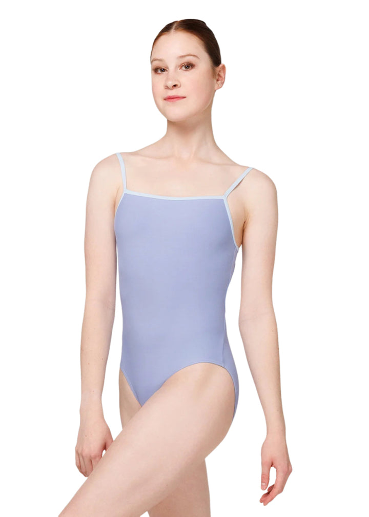 Eleve Dancewear Women's Candy Low-Cut Open Back Camisole Leotard in Twilight Periwinkle Blue with LIght Blue Trim, shown on a ballet dancer