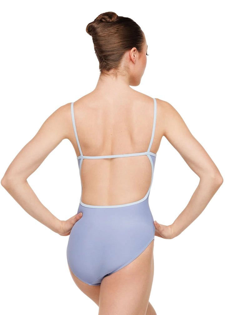 Eleve Dancewear Women's Candy Low-Cut Open Back Camisole Leotard in Twilight Periwinkle Blue with LIght Blue Trim, shown on a ballet dancer