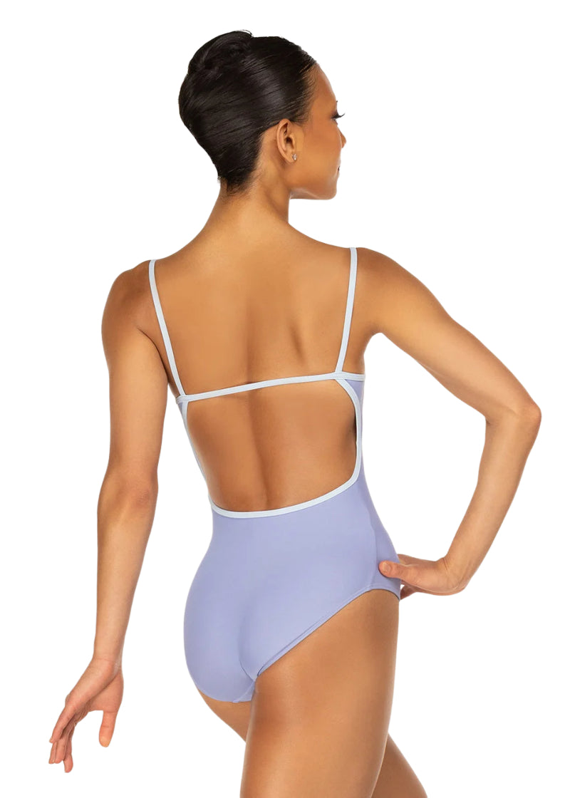 Eleve Dancewear Women's Candy Low-Cut Open Back Camisole Leotard in Twilight Periwinkle Blue with LIght Blue Trim, shown on a ballet dancer