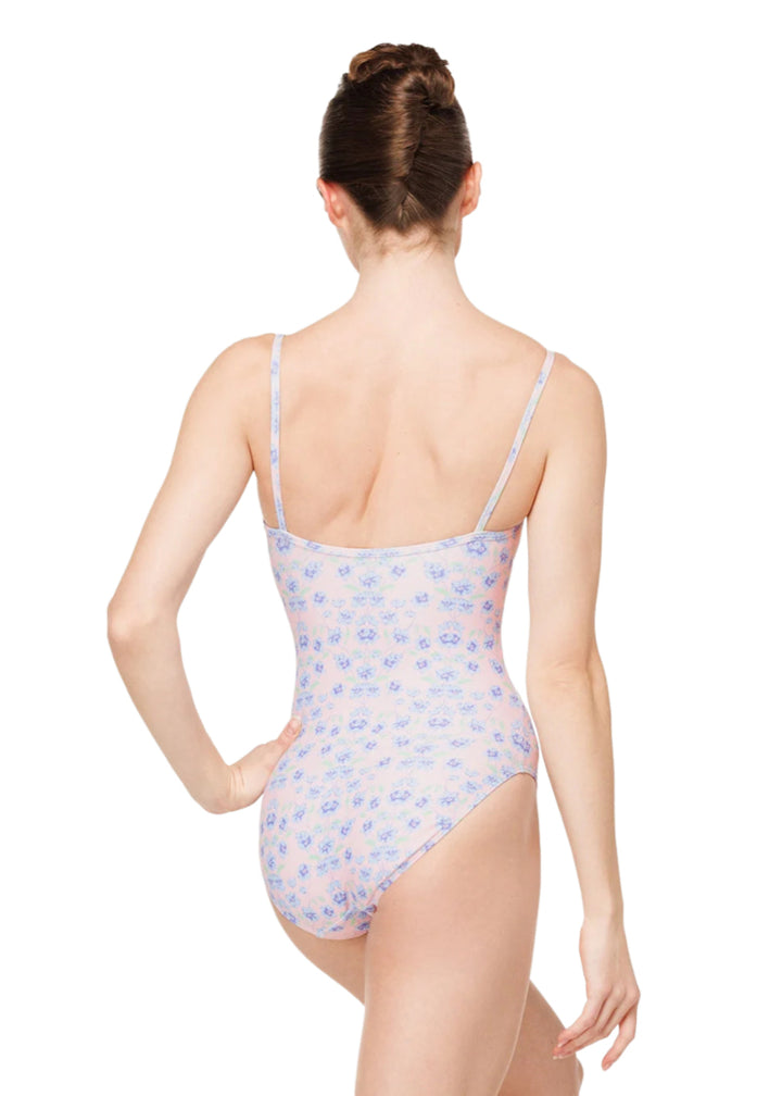 Eleve Dancewear Women's Cassandra Floral Print Camisole Leotard in Garden Dance Pink, Blue, and Green, shown on a ballet dancer