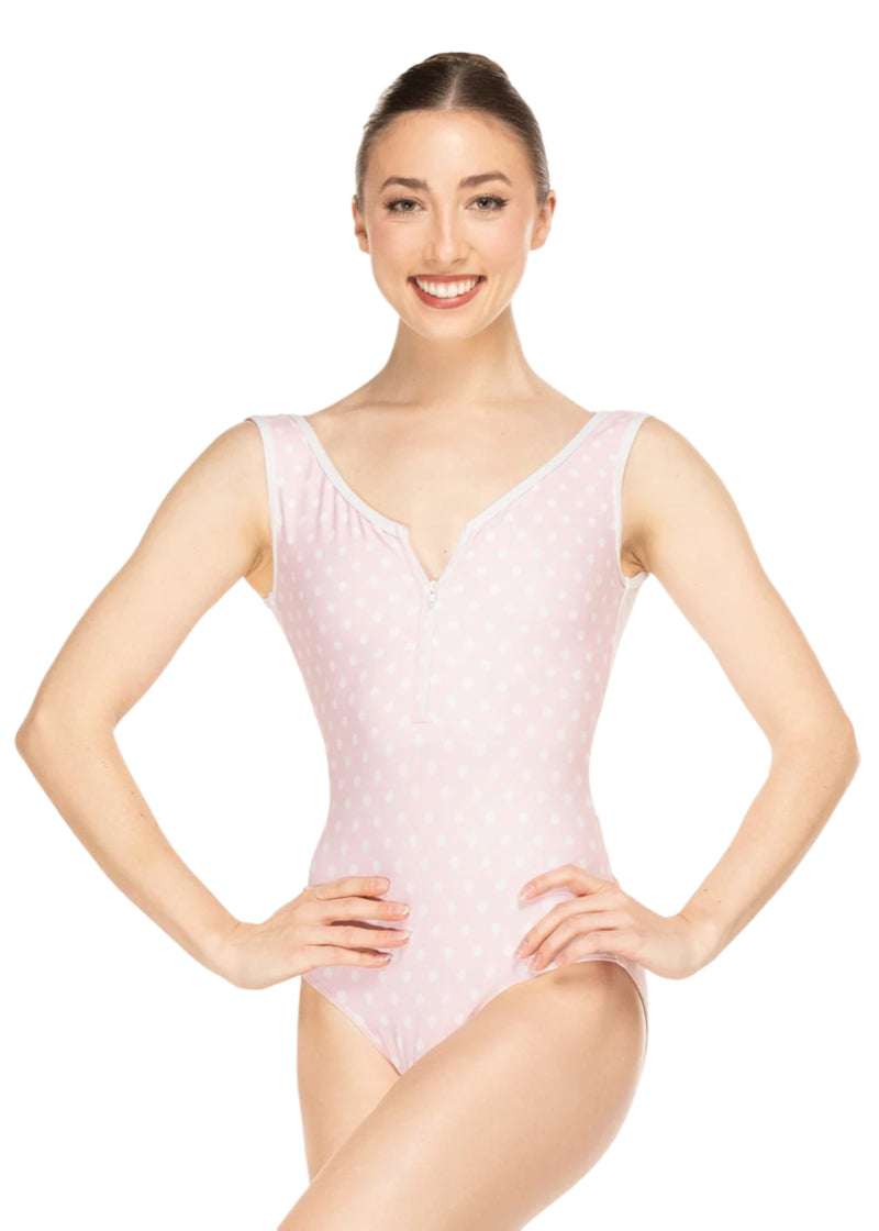 Eleve Dancewear Women's Chelsea Zip Front Leotard in Pink & White Polka Dots, shown on a ballet dancer