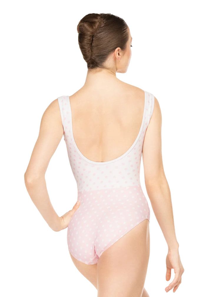 Eleve Dancewear Women's Chelsea Zip Front Leotard in Pink & White Polka Dots, shown on a ballet dancer
