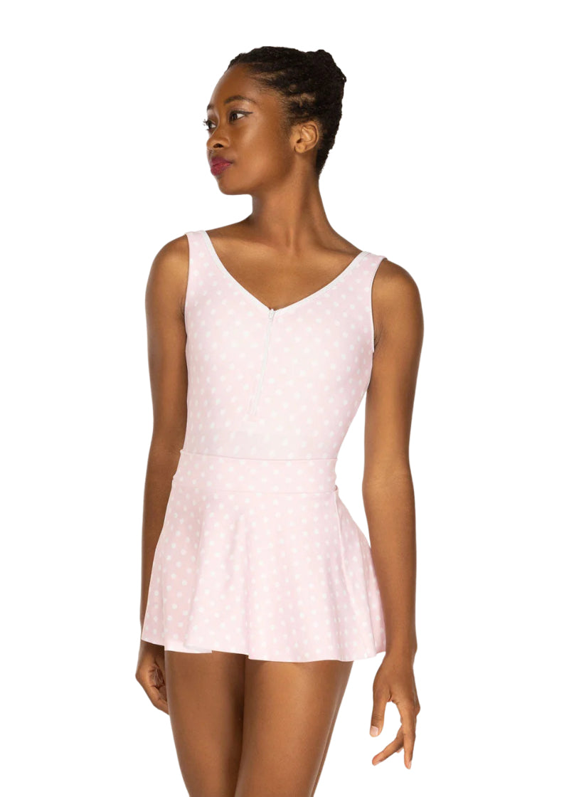 Eleve Dancewear Women's Chelsea Zip Front Leotard in Pink & White Polka Dots, shown on a ballet dancer wearing the matching Flare Polka Dot Skirt