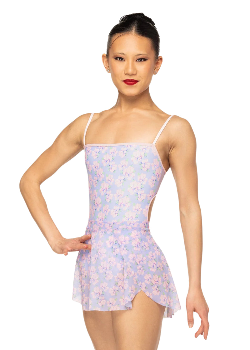 Eleve Dancewear Women's Petal Floral Print Skirt in Floral Toss Pink, Green, and Lavender Print, shown on a ballet dancer wearing the matching Helena Floral Camisole Leotard