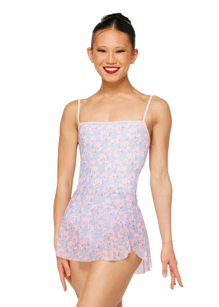Eleve Dancewear Women's Petal Floral Print Skirt in Floral Toss Pink, Green, and Lavender Print, shown on a ballet dancer wearing the matching Helena Floral Camisole Leotard